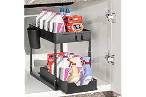 Eufrozy Organizador Bajo Fregadero, Almacenaje Debajo Fregadero Estantería de 2 Niveles Regulable en Altura con 4 Ganchos 1 Tazas, Estante Almacenamiento Bajo Fregadero Deslizante para Cocina