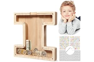 MoneRffi Personalized Letters Wooden Piggy Bank 23x23cm, A-Z Letters Coin Bank Money Box with Clear Alphabet Stickers, Money Saving Bank For Family Christmas Birthday DIY Gift Home Decoration