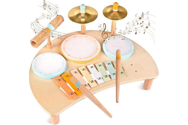 Jeux de Tambours pour Tout-Petits pour garçons et Filles de 1 an, Tambour bébé avec Xylophone pour Tout-Petits de 1 à 3 Ans, Instruments de Musique, Jouets Montessori en Bois pour Enfants, Cadeaux de