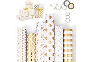 Ambesty 6 Rouleaux de Papier d'Emballage de Cadeau, Rouleau Papier Cadeau Noël avec Rubans, 3M x 43cm par Rouleau, Impression Dorée pour Anniversaire, Mariage, Baby Showers, Noël (Platine)