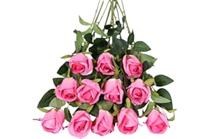 Tifuly Fiori Artificiali, 12 Pezzi a Stelo Lungo Singolo Finto Rosa Fiori di Seta Finto Rosa Bouquet da Sposa Realistico per Feste di Nozze, Decorazione della tavola della casa, centrotavola