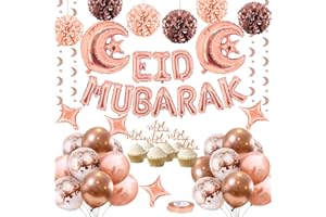 iZoeL EID Mubarak Decorations for Home Eid Decorations UK Rose Gold, Eid Mubarak Balloons Mubarak Banner Eid Cake Topper Moon Star Garland Eid Balloons for Holiday Home Restaurant Garden