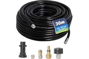 Gekufa Tuyau Nettoyeur Haute Pression 30m 400 bar, Compatible avec Furet Karcher K2 K3 K4 K5 K6 K7, Parkside, Lavor, Bosch, Avec 2 Buses et 3 Adaptateurs,Déboucheur Canalisation.
