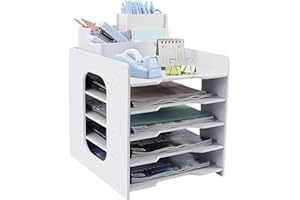 IOUGDSEC Organizer na biurko z tacami na dokumenty, 5-poziomowa taca na dokumenty z uchwytem na długopis, na biurko w formacie A4, uporządkowany organizer na dokumenty, do biura, domu, szkoły, biała