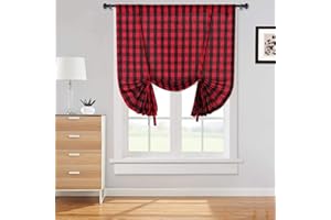LinTimes Wiązane zasłony do okien, bawół kratka czerwona kratka zasłony w kratę w kratę, kieszeń na pręt, regulowane rolety do kuchni, okien, kawiarni, czarne/czerwone, 102 x 150 cm
