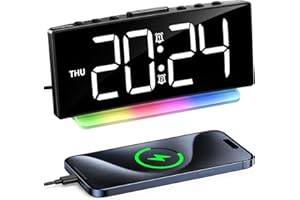 EOIWUY Reveil Matin, LED Horloge Numérique [Design Incurvé Grand Affichage] avec Fonction Snooze, Double Alarmes, 3 Niveaux Volume, 7 Couleurs Veilleuse, Alimentation Via USB Reveil Lumineux, 12/24H