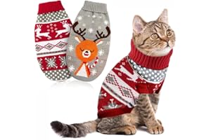 LATRAT 2er-Pack Weihnachts-Katzen-Hunde-Pullover, Schneeflocken, Rentier-Motiv, Strickwaren,Winterhaustierkleidung,Warme Haustierpullover für Kätzchen und kleine HundeM, Elch und Kitz, Rot, M