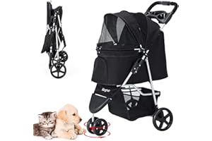 LPOTIUS Hundewagen 15 Kg Haustier Buggy Hund Katze Klappbar Hundebuggy 3 Räder Haustier Kinderwagen mit Storage Basket, Hundebox für kleine Hunde Katzen (Schwarz)