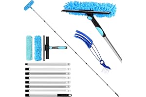 WELLEHOMI 10.5Ft(3.2m）Window Cleaning Equipment, Window Squeegee Cleaner Kit with Extension Pole, Venetian Blind Brush and 3Pcs Microfiber Scrubber Washing Kit for Home, Shower Glass, Car, RV Blue