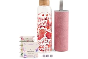 WATERDROP MICRODRINK waterdrop® Starter Set Glass with 1 Glass Bottle + 18 Microdrinks Vitamin Hydration Cubes in 6 flavours - Taster Pack with 600ml Glass Water Bottle + sugar-free drinks | Borosilicate Glass, BPA free