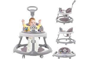 MAYCOLY Girello antiribaltamento in plastica didattico Montessori musicale Giocattolo da esterno 4 in 1 Girello Ausilio per camminare in piedi Ragazza Grigio