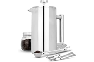 MAISON & WHITE French Press Cafetiere | 1000ml Stainless Steel Coffee Press | Filters/Measuring Spoons/Bag Clip | Double Walled Insulation | 7pc Coffee Gift Set | M&W