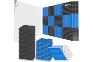 JBER Akustikschaumstoff-Platten, 48 Stück, 2,5 x 30 x 30 cm, Studio, Schalldämmung, Keil-Struktur, feuerfest, schalldicht, gepolstert, akustisch behandelter Schaumstoff, Schwarz und Blau