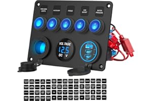 HAPYTRIP 12V 24V 5 banda Interruttore Rocker ON Off Pannello in alluminio pre-cablato Impermeabile con caricabatterie auto triple porte USB 78W, Voltmetro digitale LED e presa accendinore per sigarette