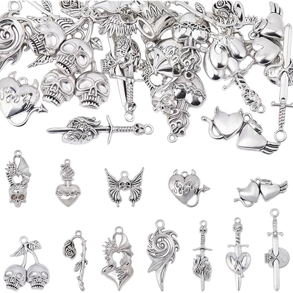 PH PandaHall 4 stijlen 60 stuks gotische vogel hoofd schedel bedels raaf schedel bedels Tibetaanse stijl vogel hoofd charme vogels skelet hanger voor armband ketting sieraden maken Halloween decor