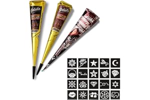 QIJIEFENCC 3x Henna Tattoo Temporäre Tattoo + 20x Henna Schablone,Natürliche Paste Cones Kegel, schwarz,braun und rot,Tattoo sticker,Temporäre Tattoos mit Schablonen