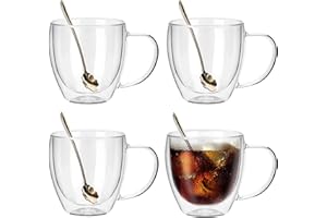 JNSMFC Doppelmauerte Glas Kaffeetassen mit 4 Löffel, 250 ml Set von 4 isolierten Glaskaffeetassen mit Griff, klare Kaffeetassen für Cappuccino, Espresso, Latte, Tee, hitzebeständige Brille zum Trinken