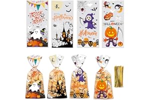 ZHOUHON Sacchetto di Caramelle per Halloween, 100 Sacchetti Trasparenti per Caramelle Con 120 Fascette Intrecciate, per Dolcetti di Halloween O Come Fornitura per Feste (Halloween-B)