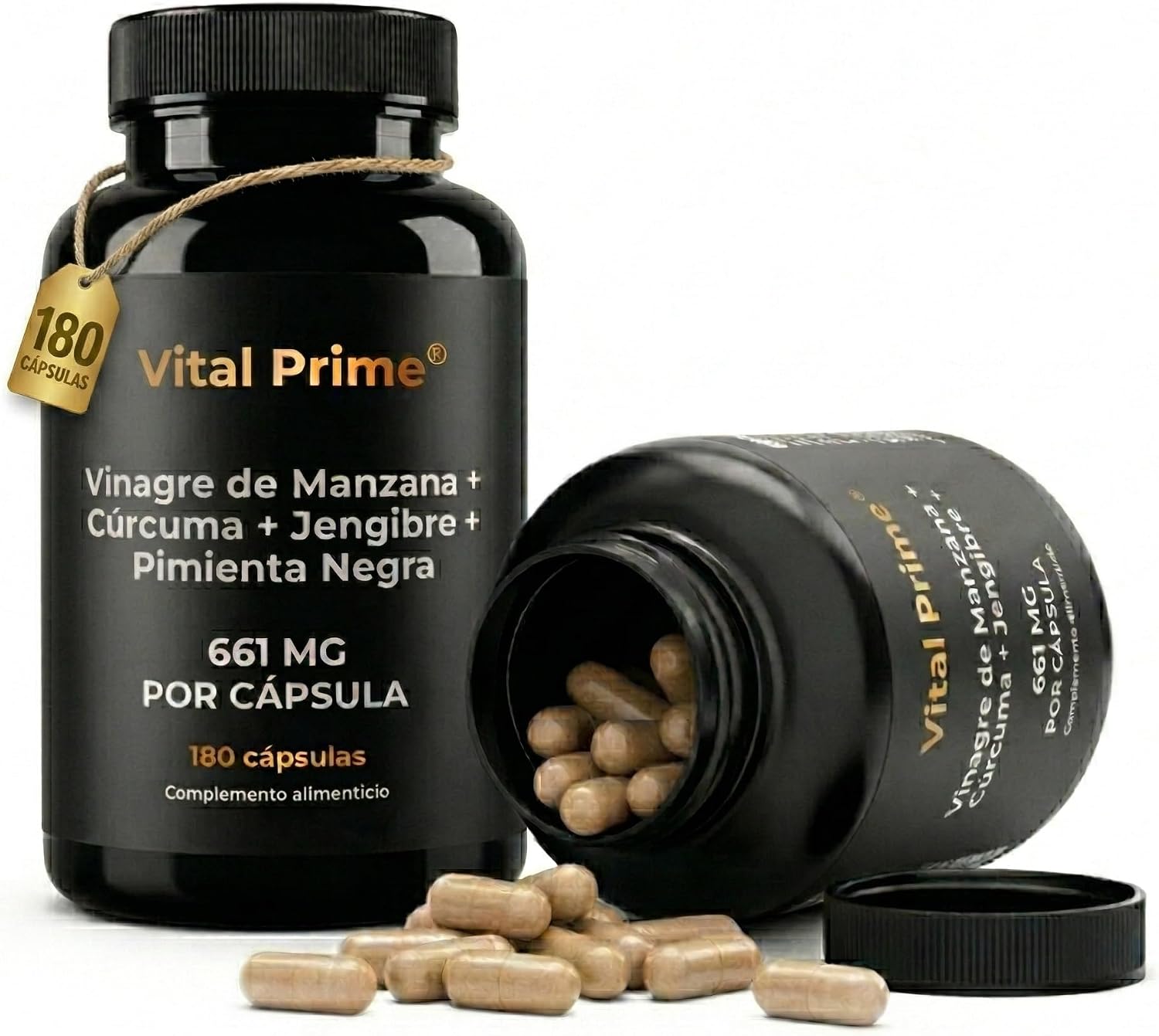 VITAL PRIME Vinagre de Manzana Capsulas 180 Cápsulas 661mg por Cápsula con Cúrcuma, Jengibre y Pimienta Negra con la Madre | Suministro para 6 Meses | Cápsulas de Vinagre de Manzana Apto para Veganos