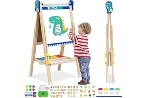 NUKIED Kids Easel Double Sided Toddler Wooden Easel Chalkboard Whiteboard Wooden Art Easel Height Adjustable 95-125cm(37.4-49.2in) with Paper Roller Numbers Alphabet Animal Accessories