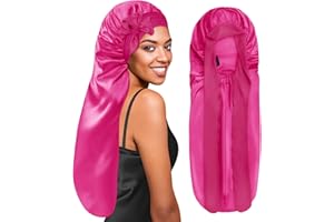 ‎BONNET QUEEN BONNET QUEEN Lange Satin Zopfhaube, Seidenhaube zum Schlafen Lange Haare mit Verstellbare Bindeband, Schlafhaube Seide für Locken & Zöpfe, Schlafmütze Damen, Babierosa