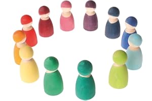 GRIMMS REGENBOGENBANDE Grimm's Set of 12 Rainbow Friends Peg Dolls - Wooden Pretend Play People Figures with Storage Tray