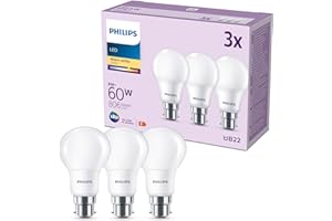 Philips LED Frosted A60 Light Bulb 3 Pack (Warm White 2700K - B22 Bayonet Cap) 60W, Non Dimmable for Home Indoor Lighting, Value Range