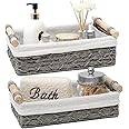 Purfex 2-Pack Woven Basket, Storage Basket with Washable Liner, Ratten Woven Baksets-Rectangle Paper Rope Bathroom Baskets with Handle for Organizing,Cosmetic, Shelf Cabinet, Home (Grey)