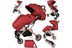 LIBREBON Baby Pushchair, Lightweight Stroller, Compact Travel Buggy, One Hand Foldable, Five-Point Harness, Foot Cover, Mommy Bag, Rain Cover, All Year Round (Red - Rose Gold Frame)