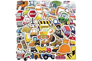 FOCRI 50 Cartoni Animati Giocattoli Adesivi per Bambini e Ragazzi, Impermeabile in Vinile Decal Pack for Water Bottles Guitar(Construction Truck, Airplane, Train, Helicopter, Car, School Bus, Firetruck)