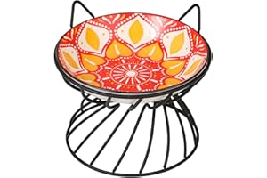 AHX Raised Ceramic Cat Food Bowl - Elevated Cat Dish with Anti Slip Stand - Wide Shallow Cat Bowl Whisker Friendly - Cute Cat Plate - Cat Feeding Bowls - Microwave and Dishwasher Safe - 8.5 oz - 5.75 inch