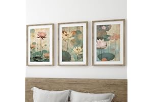 EVIEPOPS PRINTS Zen Lotus Flowers Wall Art Set of 3 Unframed Poster Prints, Botanical Plant Decor, Living Room Bedroom Bathroom Poster Home Decor, Digital Art, Calming Relaxing, Pink White Green (A4)