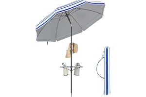 SONGMICS Parasol 160 cm, parasol plażowy, ochrona przeciwsłoneczna UPF 50+, składane boki 30°, regulacja wysokości, schowek, haczyki, nadaje się na plażę, bez stojaka, niebiesko-biały GPU0080Q02