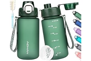 AOHAN Butelka na wodę 600 ml, butelka na napoje z filtrem, sportowa butelka na wodę z motywacyjnym narzędziem do pomiaru czasu i szczotką do butelek, bez BPA, szczelne butelki na wodę do szkoły, biura