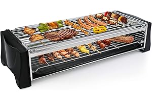 ‎HENGBO Electric Table Grill, Barbecue Electric Grill, Smokeless Electric Grill with Crumb Tray, Double Layer Large Area Grill for Balcony, Garden, Indoors - Black