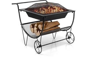 GYMAX Chimenea con Ruedas, Estufa de Leña para Terraza con Estante de Almacenamiento, Bandeja de Fuego para Exteriores, Estante Portátil para Leña para Hogueras, Camping y Picnic, Negro