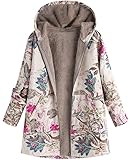 FOTBIMK Womens Winter Warm Outwear Ladies Floral Print Hooded Pockets Vintage Oversize Coats