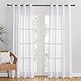PONY DANCE Linen Look Voile Curtains - White Net Curtains for Windows 52 x 84 Inches for Living Room/Bedroom/French Door, Woven Eyelet Voile Sheer Panels Semi Transparent Window Treatment, Set of 2