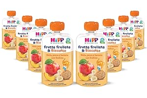 HiPP - Frutta Frullata e Biscotto Bio, Purea per Bambini al Gusto Mela, Pesca e Banana con Frollino ai Cereali Antichi, Senza Zuccheri Aggiunti, 8 Confezioni da 90 gr