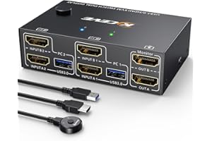 ESKEVE Conmutador KVM USB 3.0 HDMI Dual Monitor 2 Puertos 4K@60Hz, KVM Switch 2 PC 2 Monitores con 4 puertos USB 3.0, Conmutador KVM 2 Monitor Support HDMI 2.0, Interruptor de botón, con cable HDMI+USB