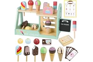 SANFANT Wooden Ice Cream Toy for Kids, Pretend Play Food Wooden Ice Cream Set Shop, Play Kitchen Accessories with Menu and Cash, Role Play Toys Gifts for 3 4 5 6 7 8 Years Old Girls and Boys