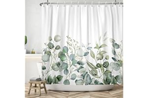 MIRRORANG Eucalyptus Leaves Shower Curtain,Green Leaf Plant Bathroom Curtains with 12 Hooks, Waterproof Mildew and Mould Resistant Polyester Fabric Washable Shower Curtain (180 x 180 cm)
