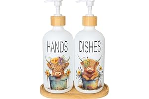 JarThenaAMCS 2Pcs Highland Cow Soap Dispenser Farmhouse Cow Floral Glass Dispenser with Pump Refillable Liquid Soap Container for Bathroom Kitchen Countertop Decor