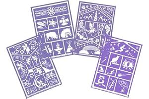 GRIM'TOUT Set de 4 Pochoirs réutilisables de maquillage de fête, anniversaire, Halloween - pour visage et corps (Magie, Poney et Licorne, Fée, Indien)