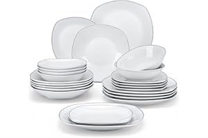 MALACASA, Série Elisa, 24 Pcs Service de Table Porcelaine Black Lin, 6 Pcs * [Assiette Plat][Assiette Creuse][Assiette à Dessert][Bol à Céréale], Vaisselles à Dinner pour 6 Personnes