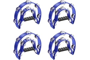 Cobenga Paquete de 4 panderetas de doble fila de 10 piezas, pandereta musical de media luna azul, 20 cascabeles de metal, tambor de percusión de mano, panderos para adultos