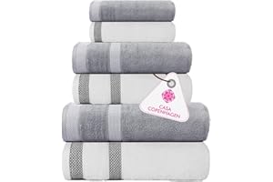 Casa Copenhagen Solitaire Mix Toalla de algodón Egipcio de 600 g/m² para Hotel, SPA, Cocina y baño, Juego de 6 Piezas con 2 baños, 2 Manos, 2 toallitas, Blanco + Gris Morado