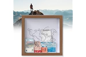 BTRONSN Adventure Archive Box,3D Photo Frame,Memory Boxes for Keepsakes,Ticket Shadow Box,Travel Memory Box,World Map Memento Frame,Wooden Frame Travel Tickets Box (Wood Color)