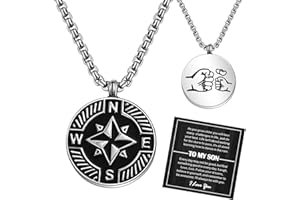 YELUWA Son Necklace, Gift for My Son, Compass Necklace for Son Graduation Gifts for Him Compass Pendant Necklace for Men Made of Forged Stainless Steel for Men Jewelry Black Silver, M, Stainless
