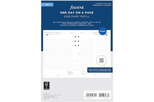 Filofax Agenda 2026 26-68515 A5, jour par page, 5 langues